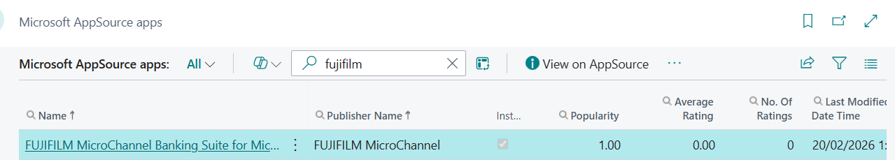 AppSource apps page showing the FUJIFILM MicroChannel Banking Suite app