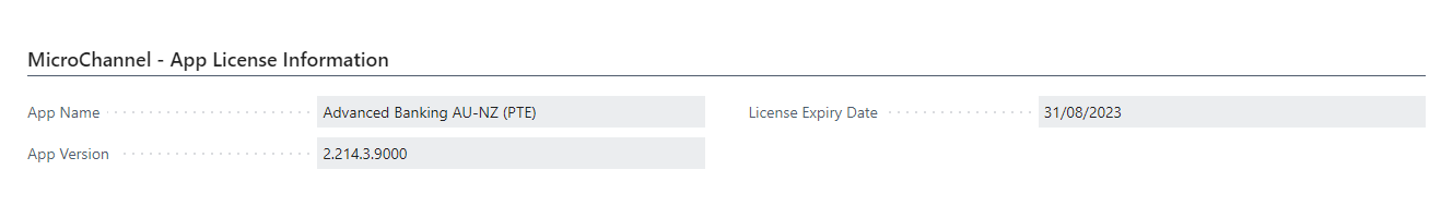 MicroChannel – App License Information fast tab showing the version and expiration date
