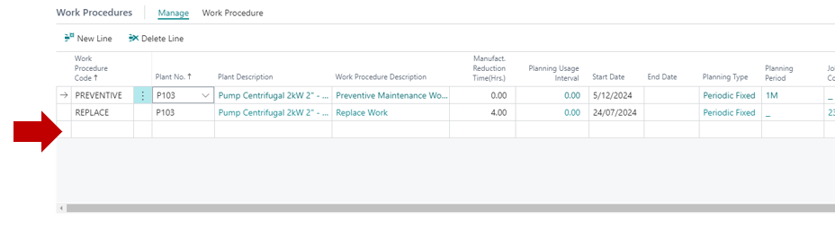 A new work procedure line with the start and end dates filled in