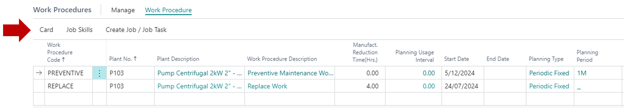 The Work Procedure menu on the Work Procedures tab