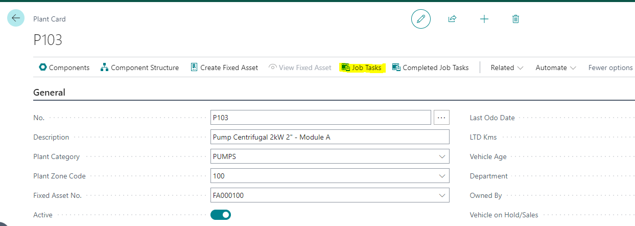 The Job Tasks action highlighted on the Plant Card ribbon