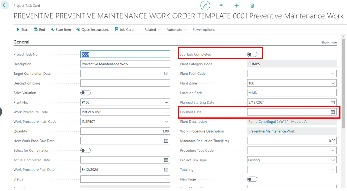 The Job Task Completed and Finished Date fields highlighted on the Project Task Card
