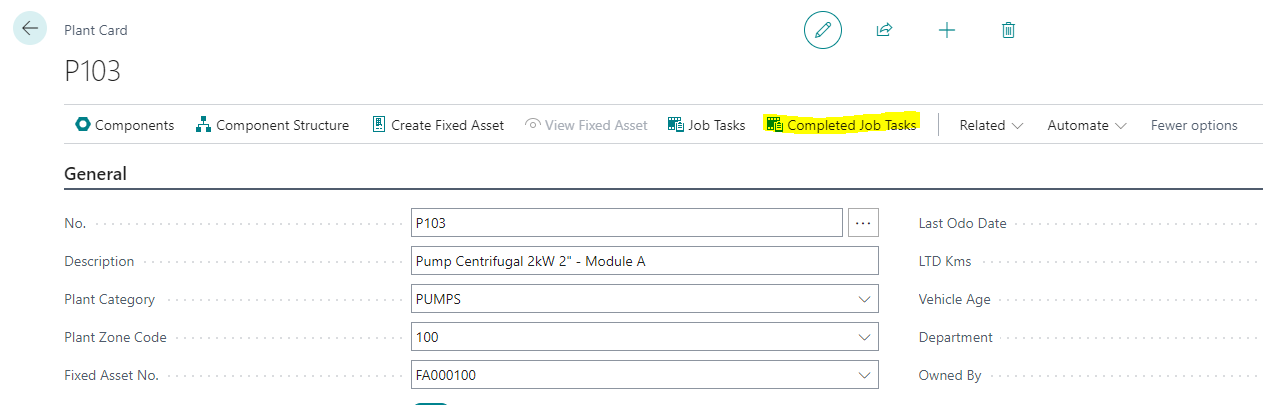 The Completed Job Tasks action highlighted on the Plant Card ribbon