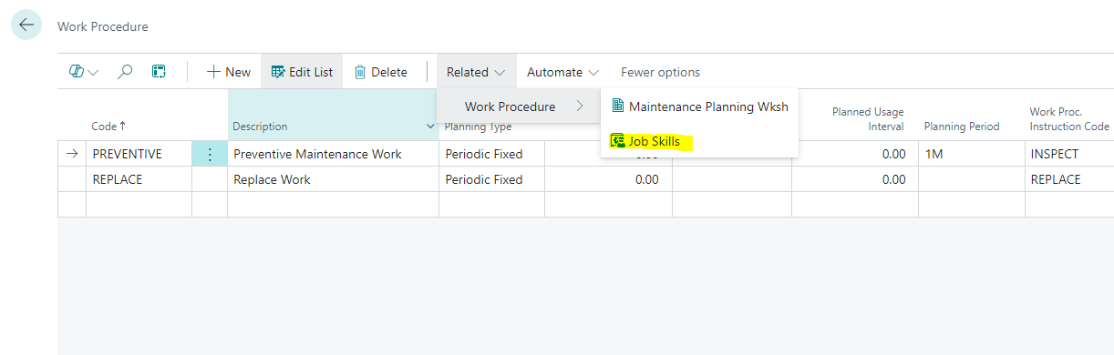 The Job Skills action on the Related menu of the Work Procedure