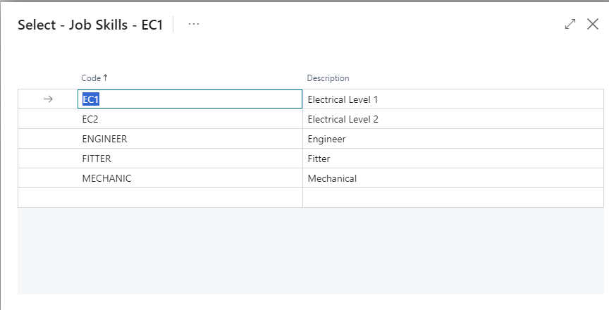 The Job Skills Assignment page listing the skills required for the work procedure
