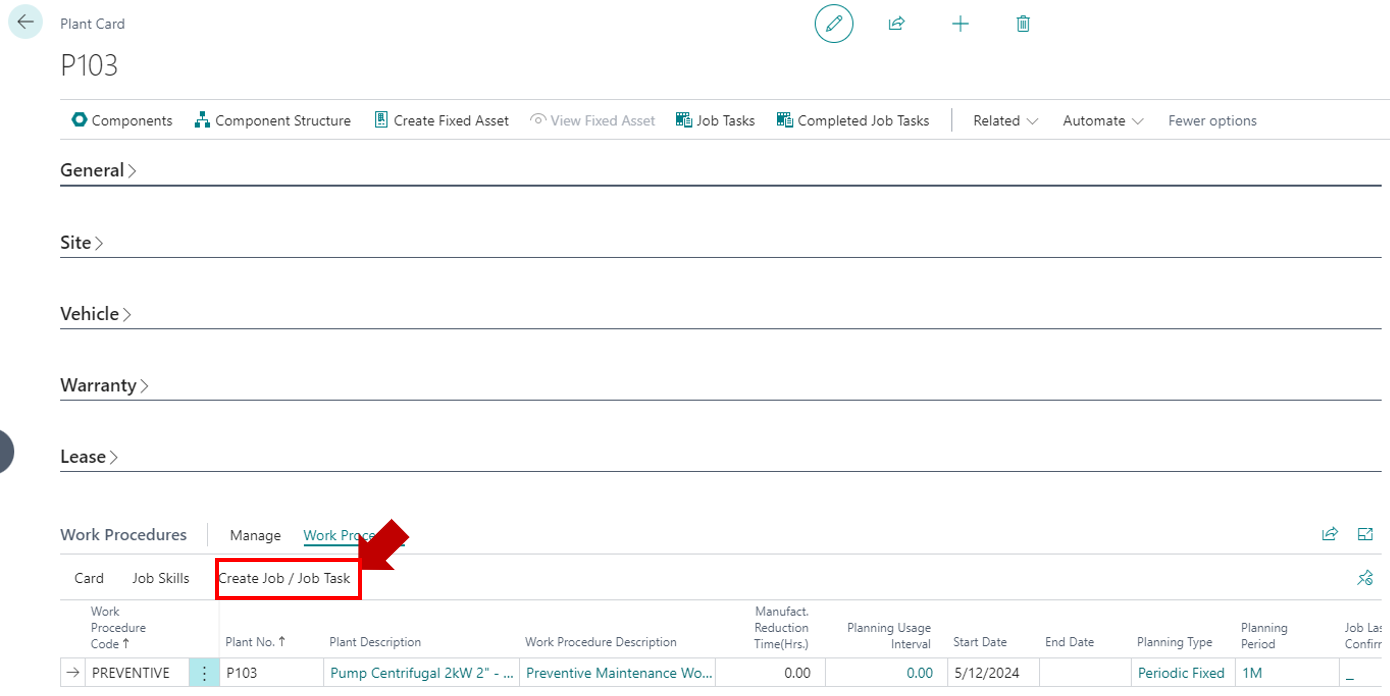 The Create Job / Job Task action in the Work Procedures tab of the Plant Card