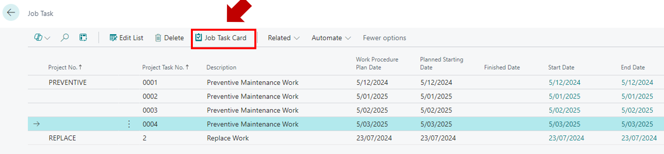 The Job Task Card action highlighted on the Job Task list