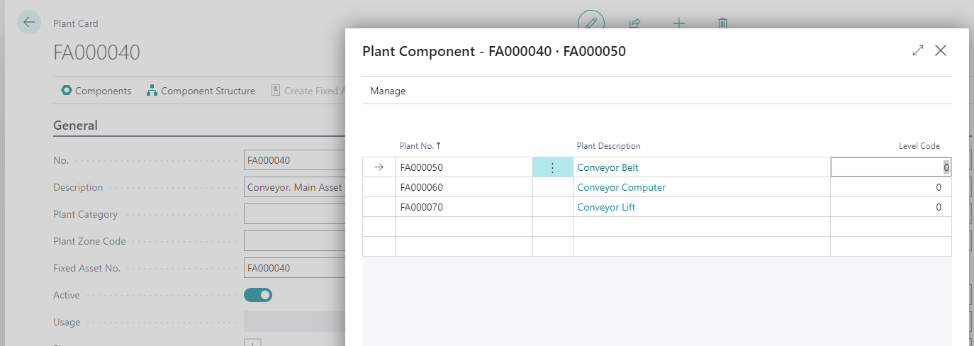 Plant Component list showing the components of plant FA000040
