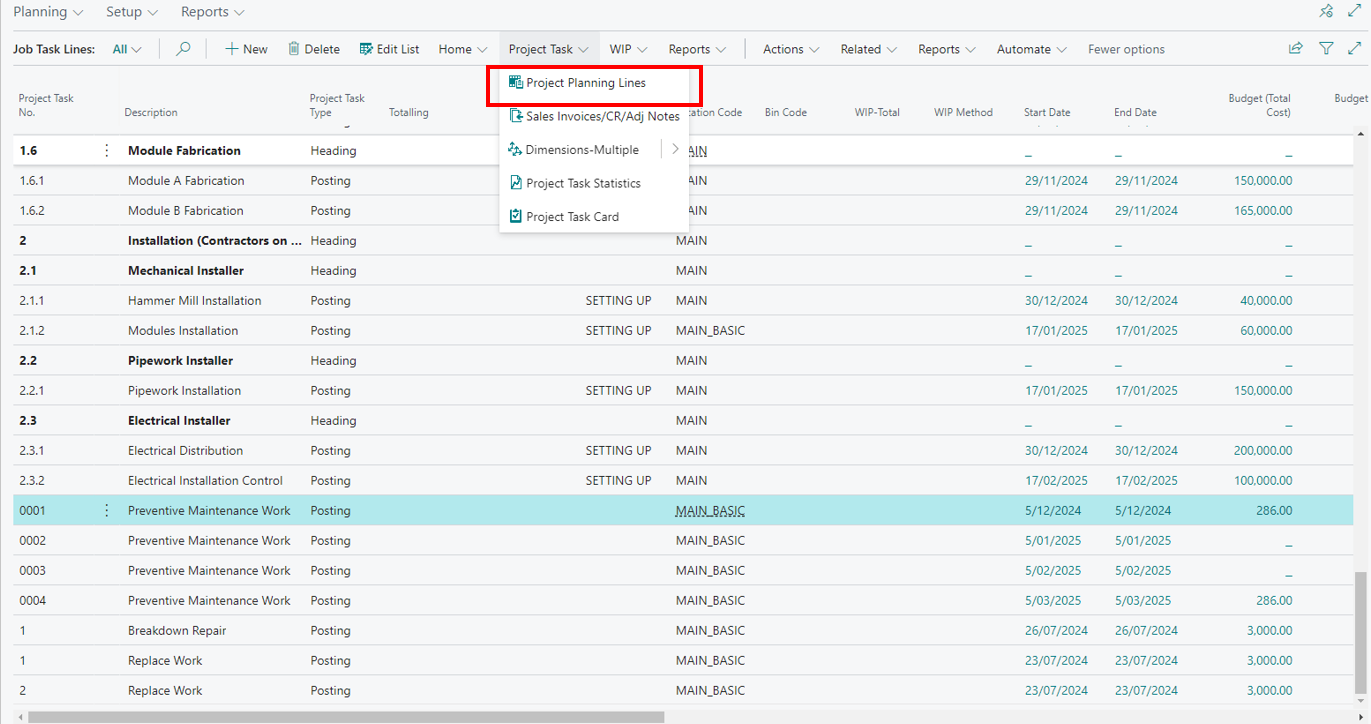 Project Planning Lines selected from the Project Task menu on the Job Task Lines page