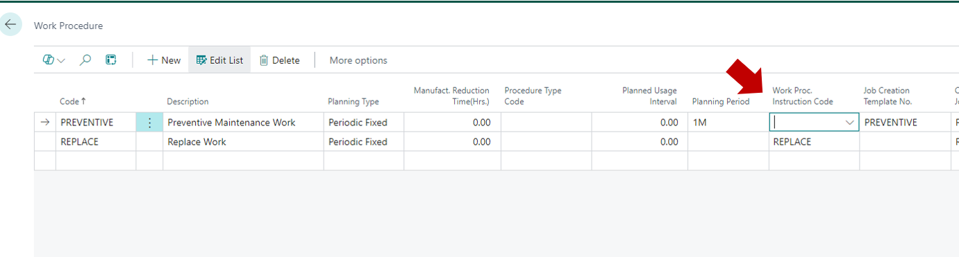Creating a new work instruction from the Work Proc. Instruction Code drop-down